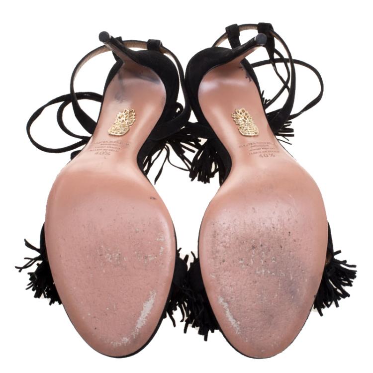 Pre Owned Aquazzura Black Fringed Suede Wild Thing Ankle Wrap Sandals Size 40.5