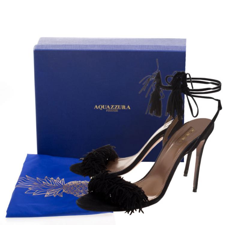 Pre Owned Aquazzura Black Fringed Suede Wild Thing Ankle Wrap Sandals Size 40.5