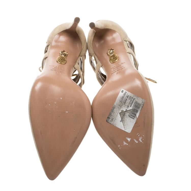 Pre Owned Aquazzura Beige Suede Belgravia Lace Up Pointed Toe Pumps Size 39