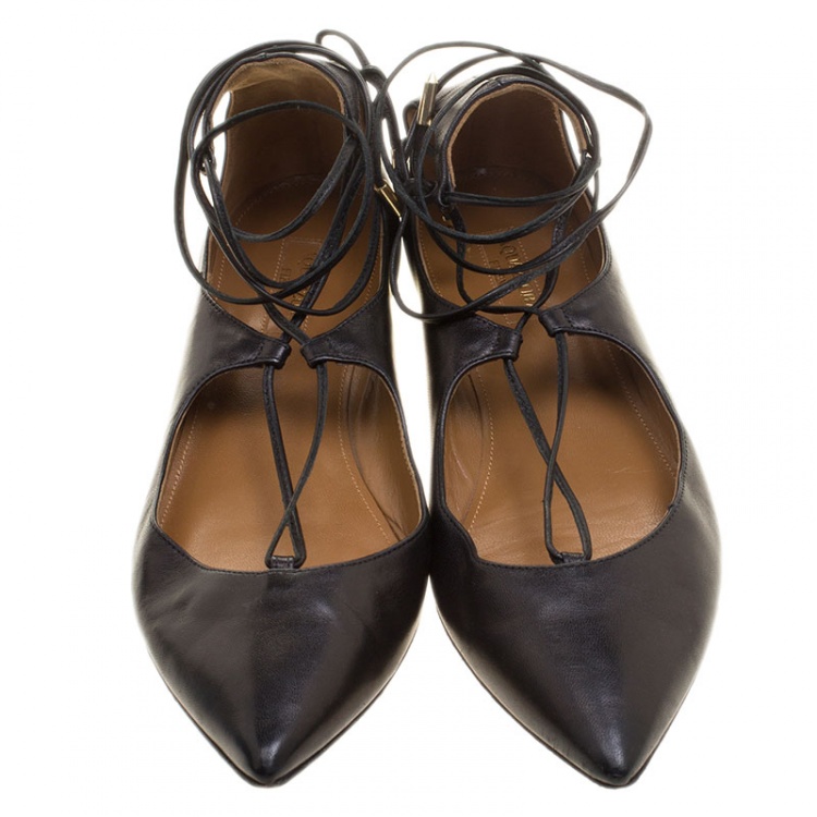 Pre Owned Aquazzura Black Leather Christy Lace-up Flats Size 38