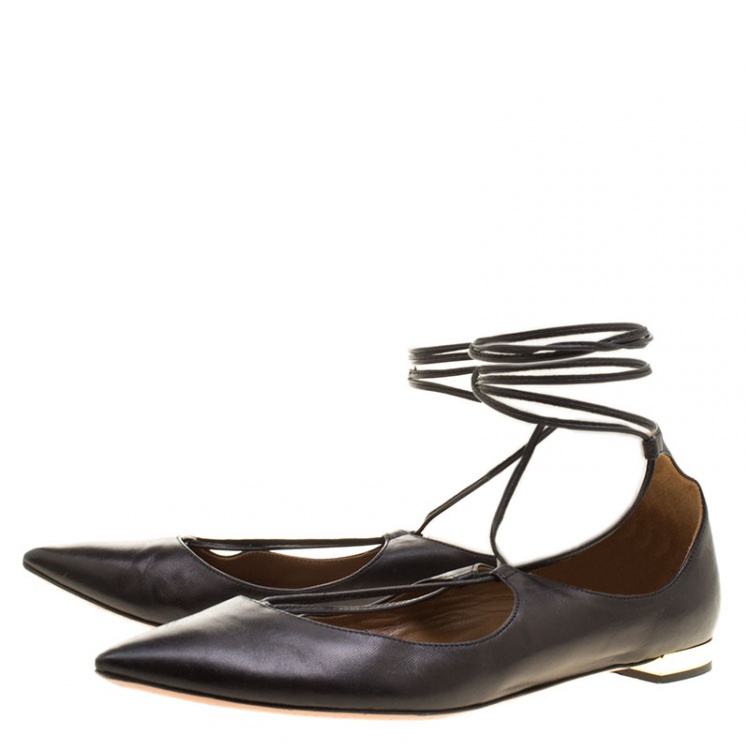 Pre Owned Aquazzura Black Leather Christy Lace-up Flats Size 38