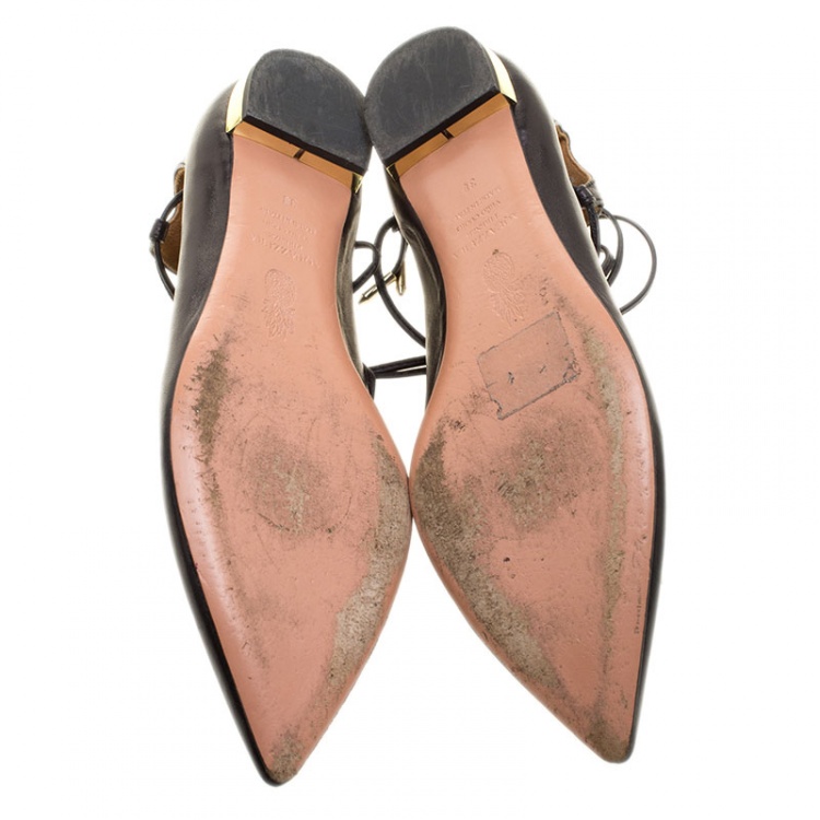 Pre Owned Aquazzura Black Leather Christy Lace-up Flats Size 38
