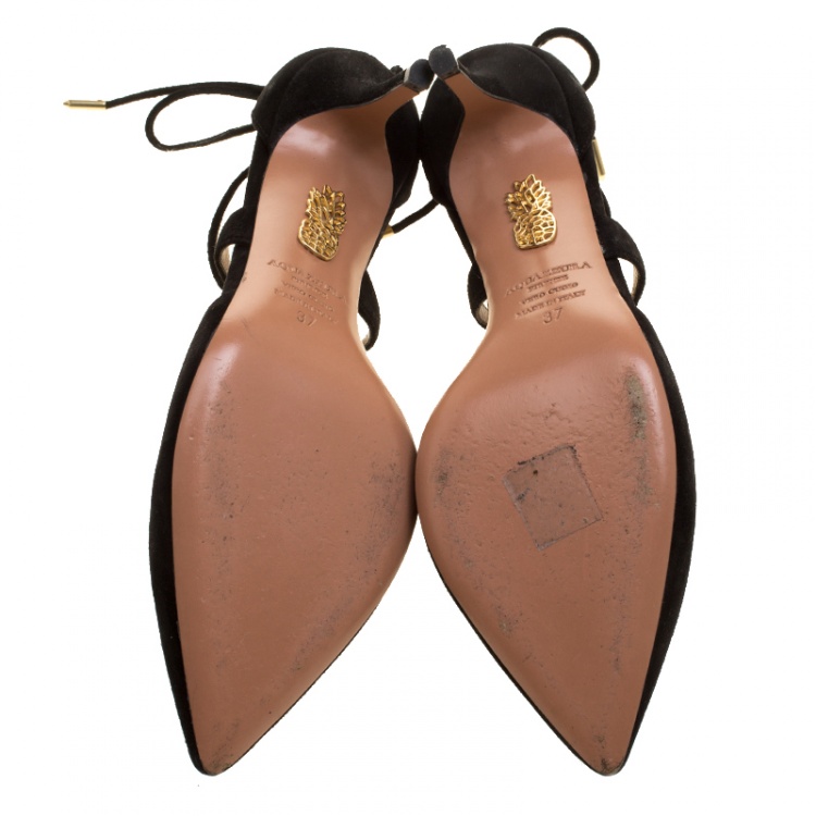 Pre Owned Aquazzura Black Suede Matilde Cross Straps Sandals Size 37