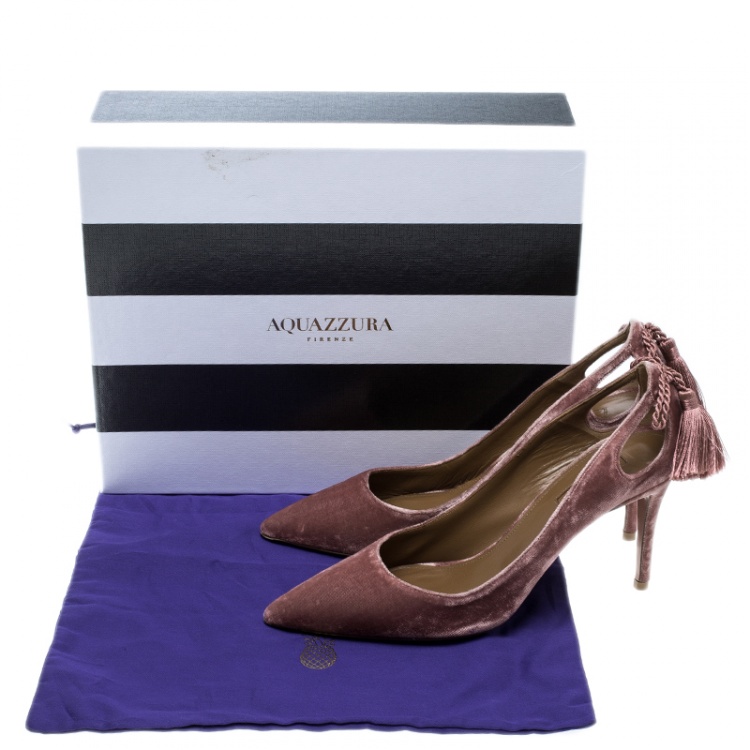 مملوكة مسبقًا Aquazzura Antique Rose Velvet Forever Marilyn Fringe Bow Pointed Toe Pumps Size 38.5