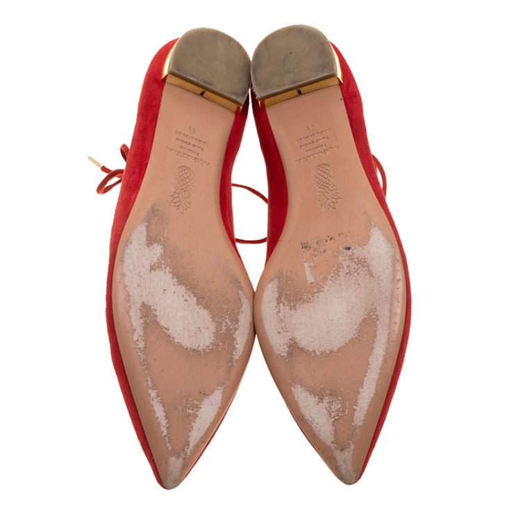 Pre Owned Aquazzura Red Suede Christy Lace Up Pointed Toe Flats Size 41