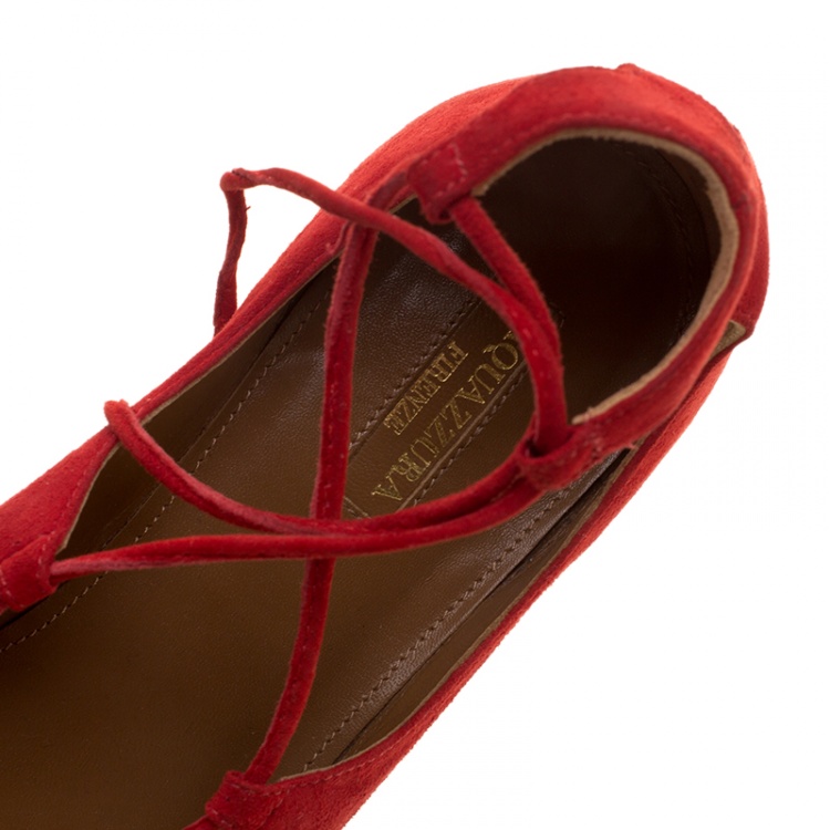 Pre Owned Aquazzura Red Suede Christy Lace Up Pointed Toe Flats Size 41