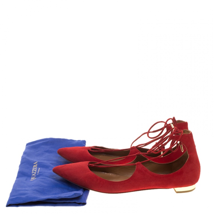 Pre Owned Aquazzura Red Suede Christy Lace Up Pointed Toe Flats Size 41