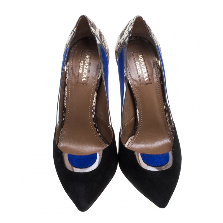 Pre Owned Aquazzura Multicolor Suede and Snakeskin Fearless Pointed Toe Pumps Size 36