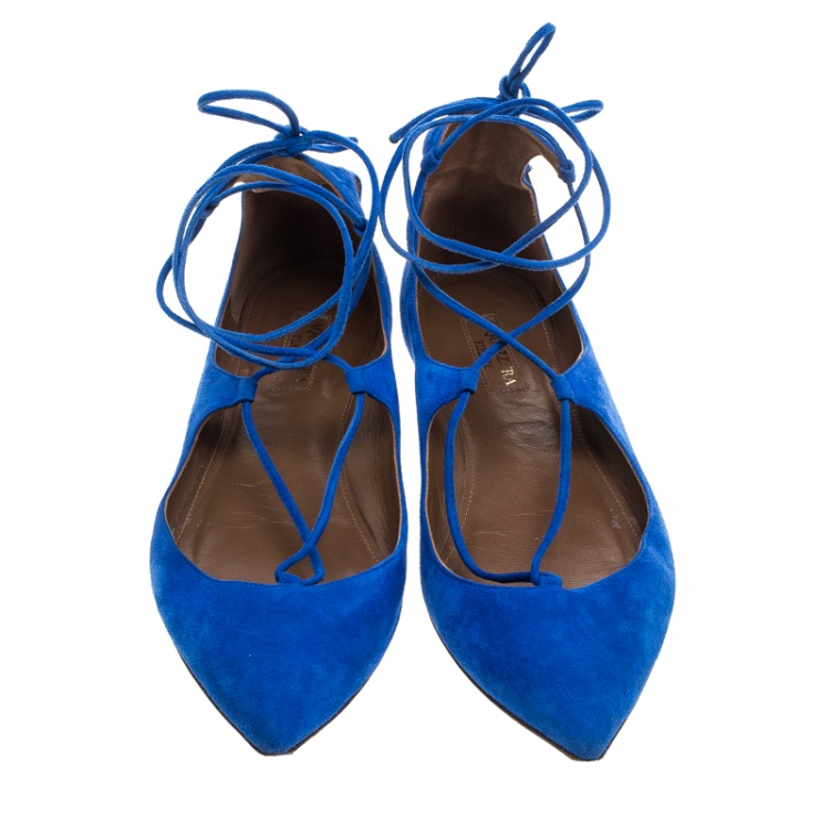 Pre Owned Aquazzura Blue Suede Christy Lace Up Pointed Toe Flats Size 36