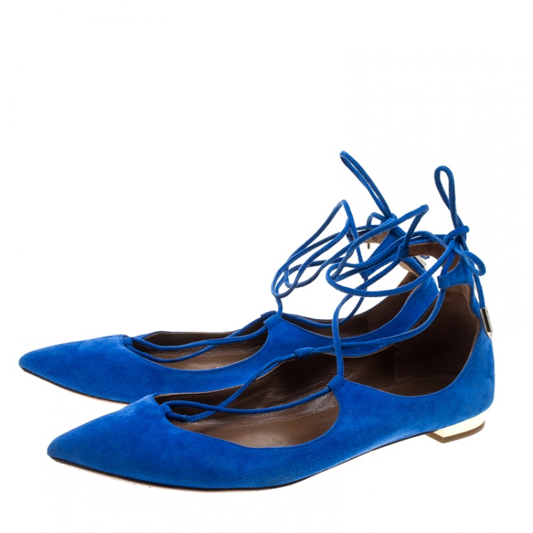 Pre Owned Aquazzura Blue Suede Christy Lace Up Pointed Toe Flats Size 36