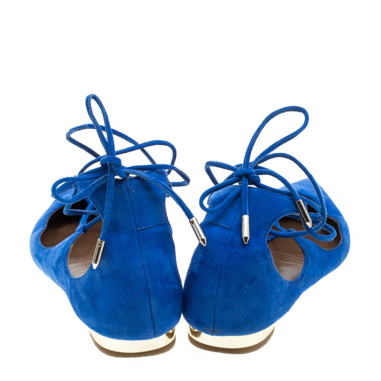 Pre Owned Aquazzura Blue Suede Christy Lace Up Pointed Toe Flats Size 36