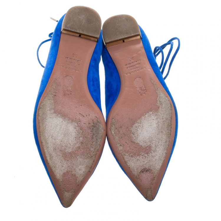 Pre Owned Aquazzura Blue Suede Christy Lace Up Pointed Toe Flats Size 36
