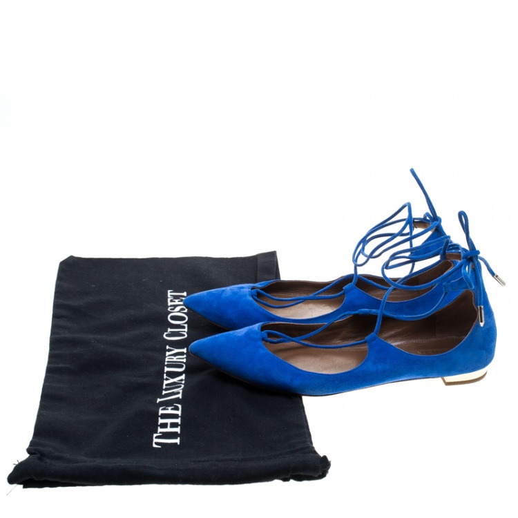 Pre Owned Aquazzura Blue Suede Christy Lace Up Pointed Toe Flats Size 36