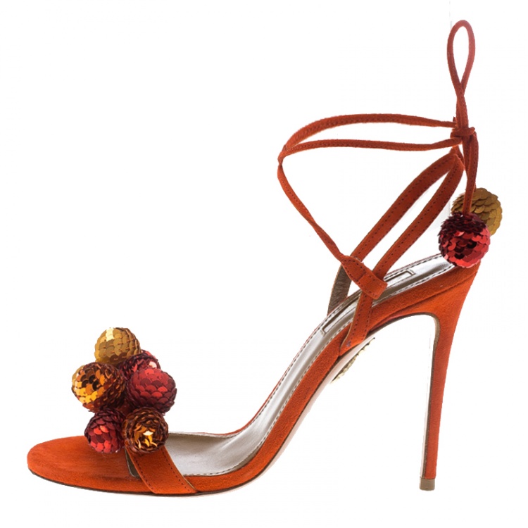 Pre Owned Aquazzura Blood Orange Sequin Embellished Suede Disco Thing Ankle Wrap Slingback Sandals Size 36