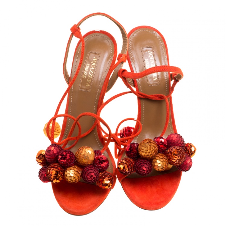 Pre Owned Aquazzura Blood Orange Sequin Embellished Suede Disco Thing Ankle Wrap Slingback Sandals Size 36