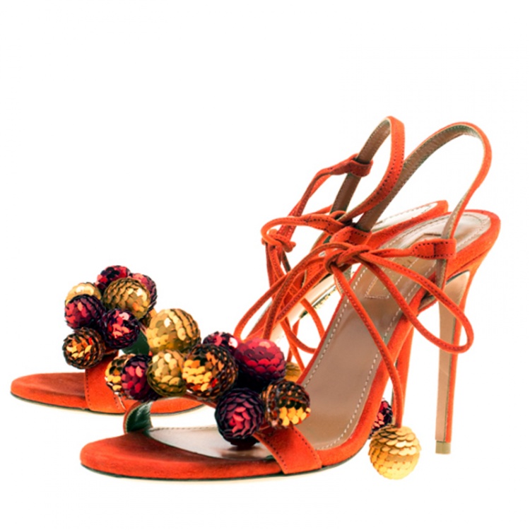 Pre Owned Aquazzura Blood Orange Sequin Embellished Suede Disco Thing Ankle Wrap Slingback Sandals Size 36