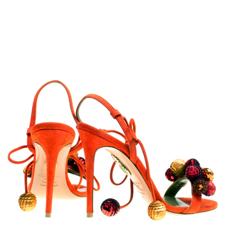 Pre Owned Aquazzura Blood Orange Sequin Embellished Suede Disco Thing Ankle Wrap Slingback Sandals Size 36