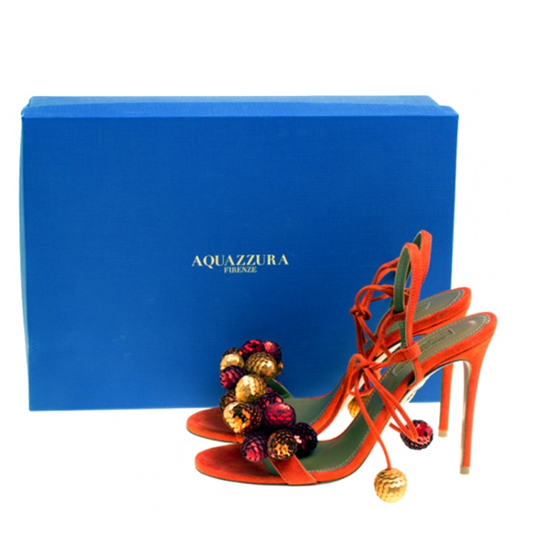 Pre Owned Aquazzura Blood Orange Sequin Embellished Suede Disco Thing Ankle Wrap Slingback Sandals Size 36