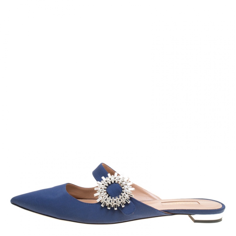 Pre Owned Aquazzura Navy Blue Canvas Blossom Crystal Embellished Pointed Toe Flat Mules Size 37.5