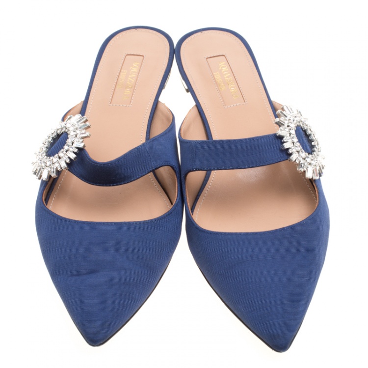 Pre Owned Aquazzura Navy Blue Canvas Blossom Crystal Embellished Pointed Toe Flat Mules Size 37.5