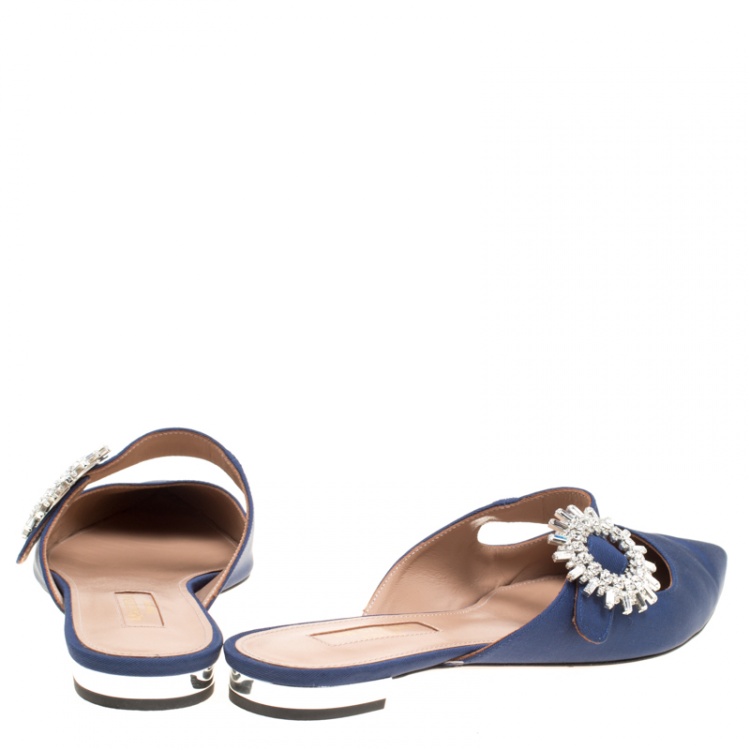 Pre Owned Aquazzura Navy Blue Canvas Blossom Crystal Embellished Pointed Toe Flat Mules Size 37.5