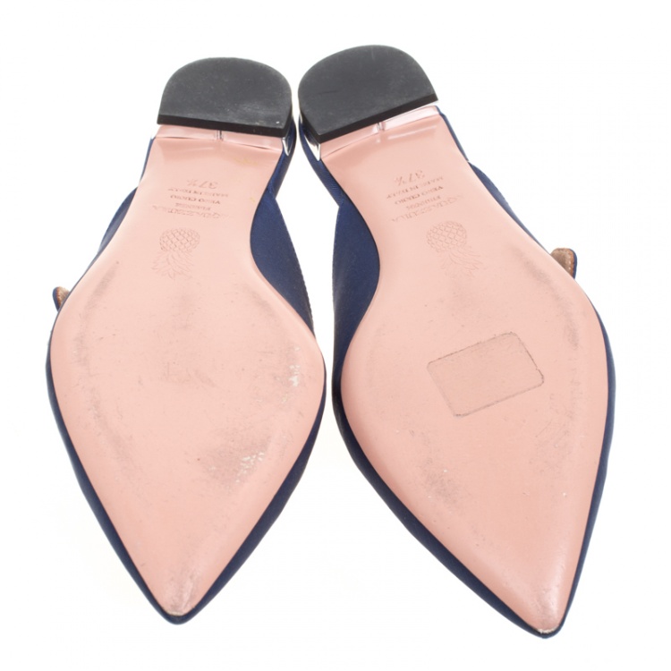 Pre Owned Aquazzura Navy Blue Canvas Blossom Crystal Embellished Pointed Toe Flat Mules Size 37.5