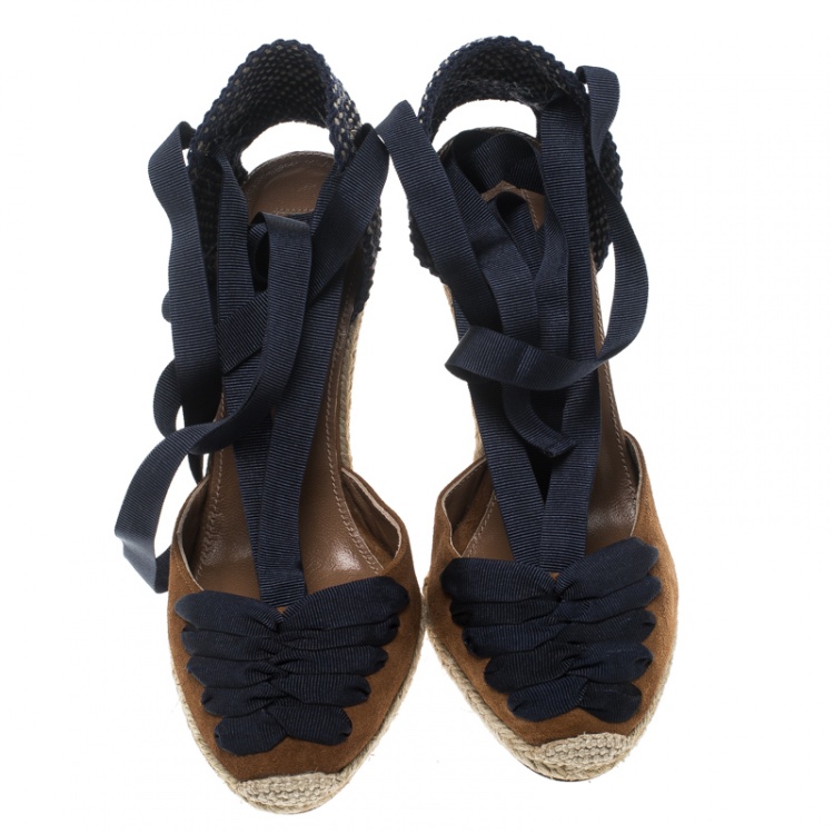 Pre Owned Aquazzura Brown/Navy Blue Suede and Grosgrain Malibu Wedge Espadrille Sandals Size 36