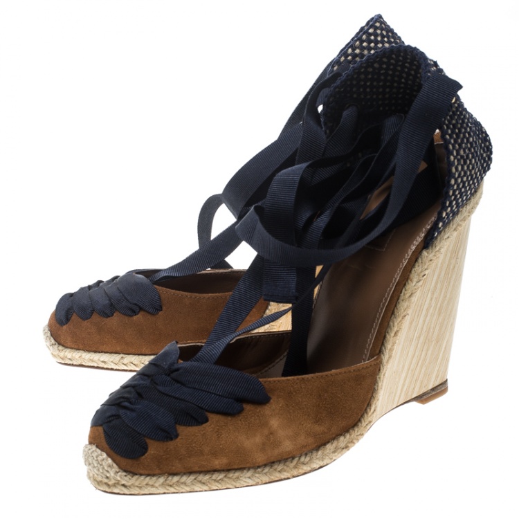 Pre Owned Aquazzura Brown/Navy Blue Suede and Grosgrain Malibu Wedge Espadrille Sandals Size 36