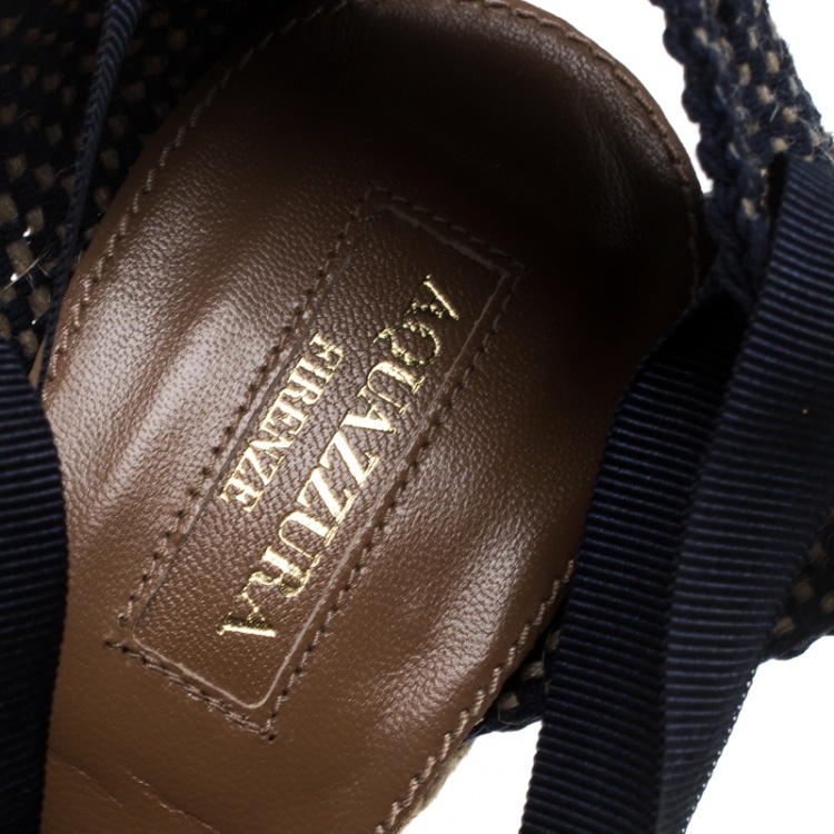 Pre Owned Aquazzura Brown/Navy Blue Suede and Grosgrain Malibu Wedge Espadrille Sandals Size 36