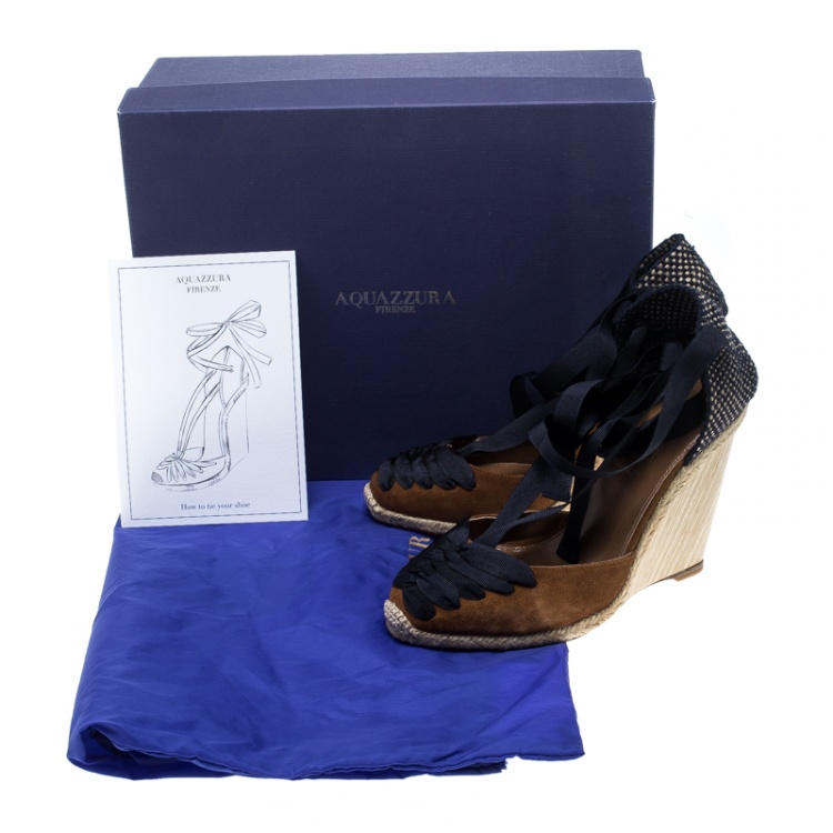Pre Owned Aquazzura Brown/Navy Blue Suede and Grosgrain Malibu Wedge Espadrille Sandals Size 36