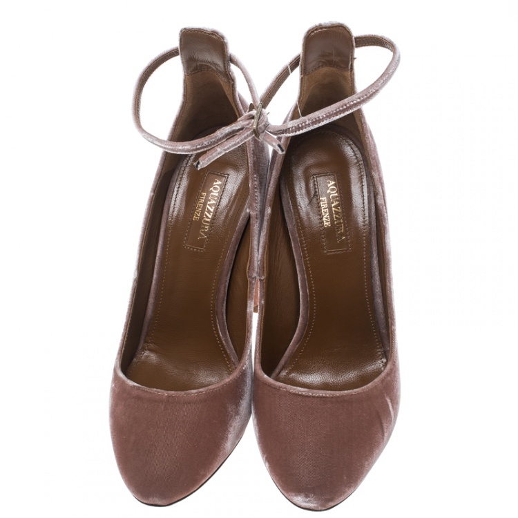 مملوكة مسبقًا Aquazzura Beige Velvet Alix Ankle Strap Block Heel Pumps Size 37