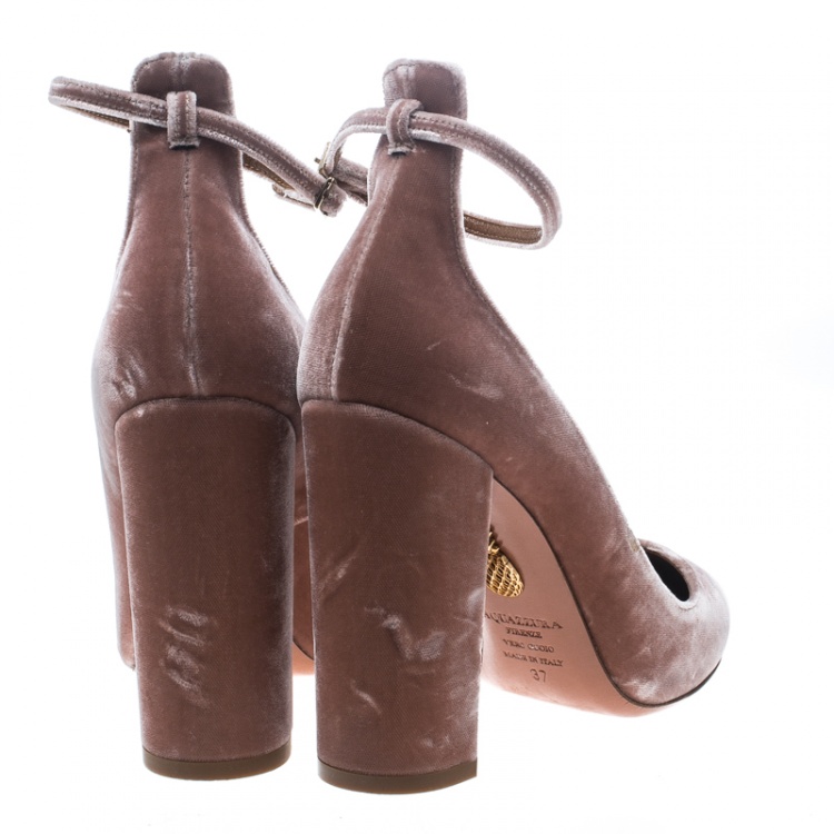 مملوكة مسبقًا Aquazzura Beige Velvet Alix Ankle Strap Block Heel Pumps Size 37