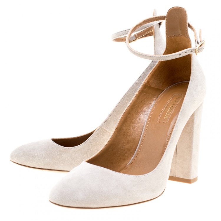 Pre Owned Aquazzura Grey Suede Alix Ankle Strap Block Heel Pumps Size 38