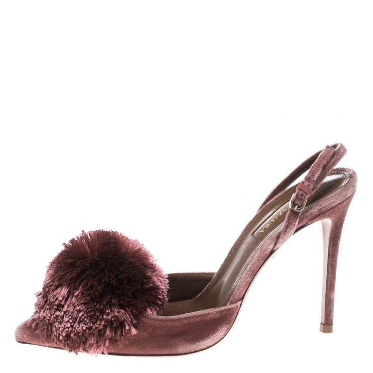 Pre Owned Aquazzura Pink Velvet Powder Puff  Pointed Toe Slingback Sandals Size 37.5