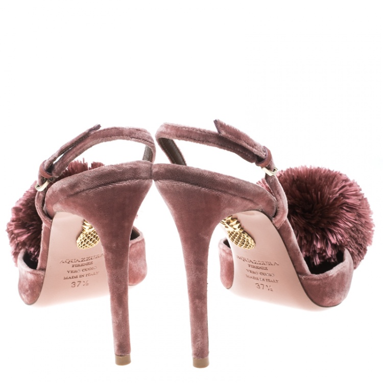 Pre Owned Aquazzura Pink Velvet Powder Puff  Pointed Toe Slingback Sandals Size 37.5