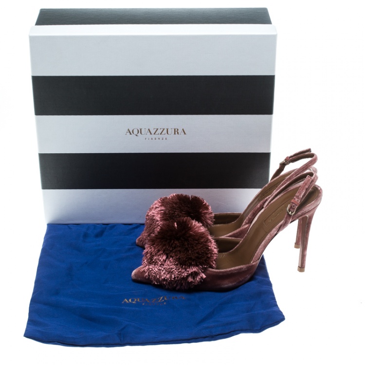 Pre Owned Aquazzura Pink Velvet Powder Puff  Pointed Toe Slingback Sandals Size 37.5