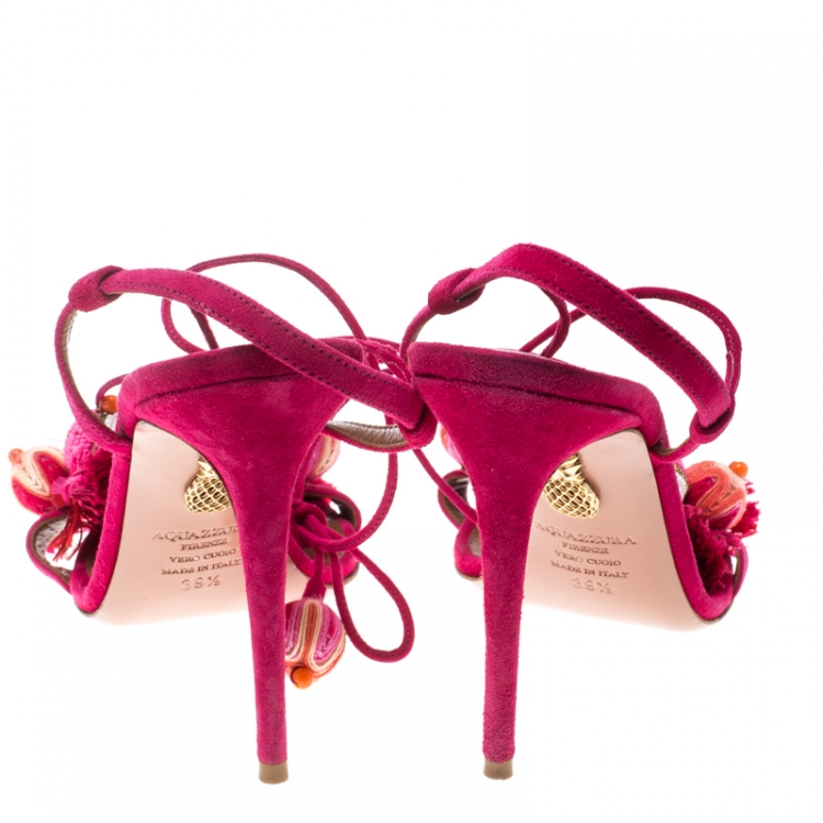 Pre Owned  Aquazzura Paradise Pink Suede Tropicana Tasseled Beaded Ankle Wrap Sandals Size 39.5
