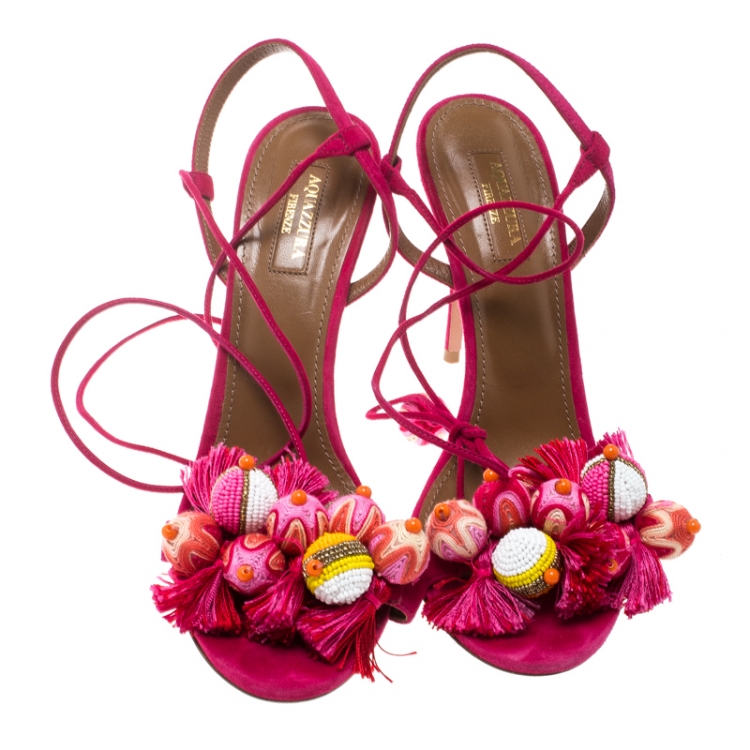 Pre Owned  Aquazzura Paradise Pink Suede Tropicana Tasseled Beaded Ankle Wrap Sandals Size 39.5