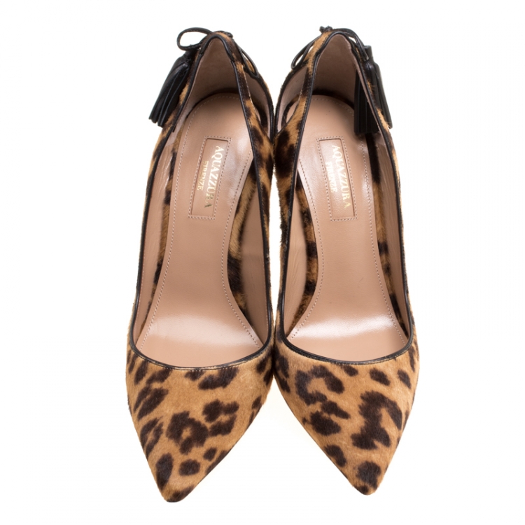 Pre Owned Aquazzura Brown Leopard Print Calf Hair Forever Marilyn Pointed Toe Pumps Size 36.5