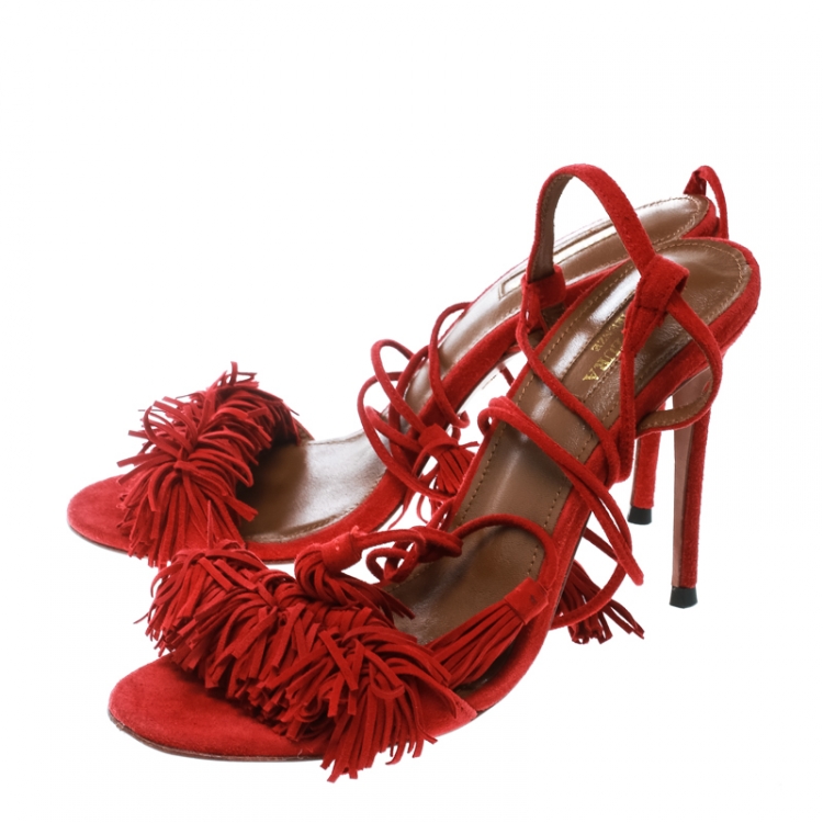 Pre Owned Aquazzura Red Fringed Suede Wild Thing Ankle Wrap Sandals Size 37