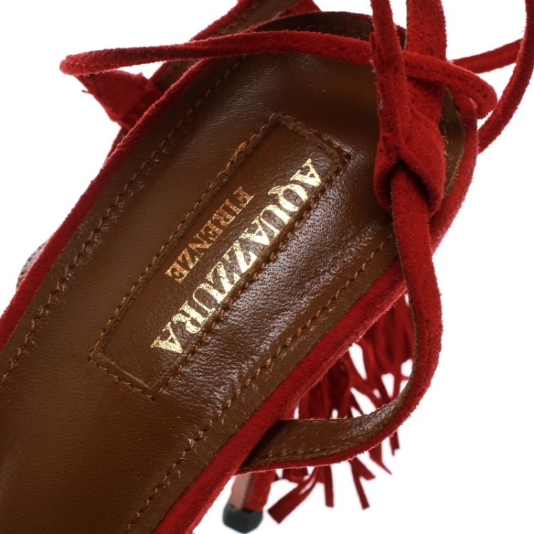 Pre Owned Aquazzura Red Fringed Suede Wild Thing Ankle Wrap Sandals Size 38.5