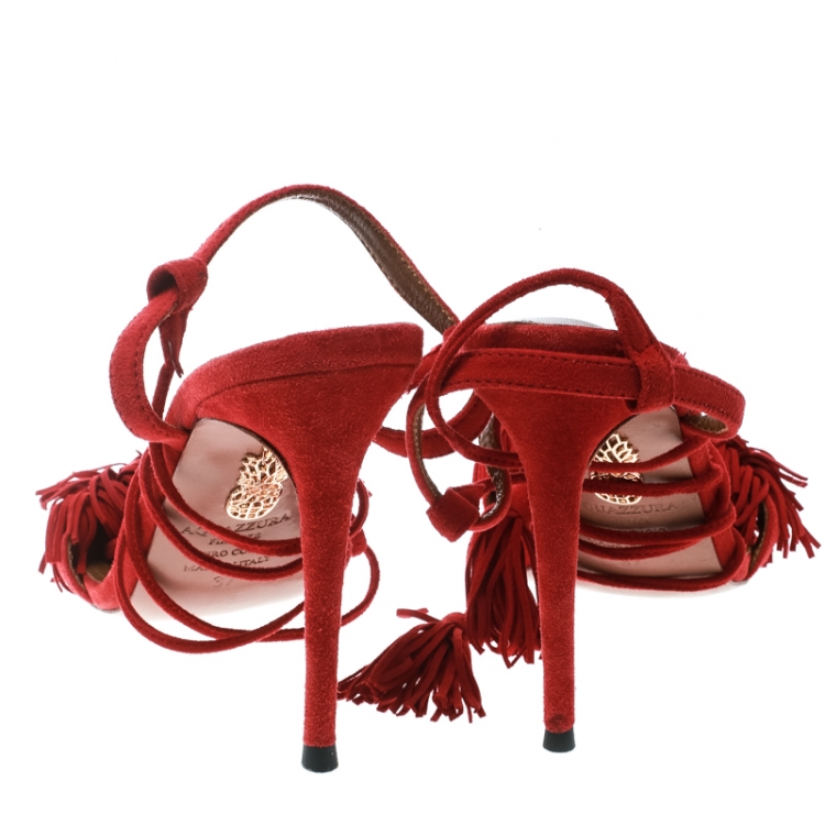Pre Owned Aquazzura Red Fringed Suede Wild Thing Ankle Wrap Sandals Size 38.5
