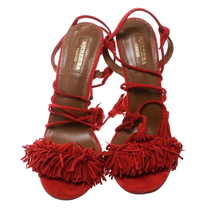 Pre Owned Aquazzura Red Fringed Suede Wild Thing Ankle Wrap Sandals Size 38.5