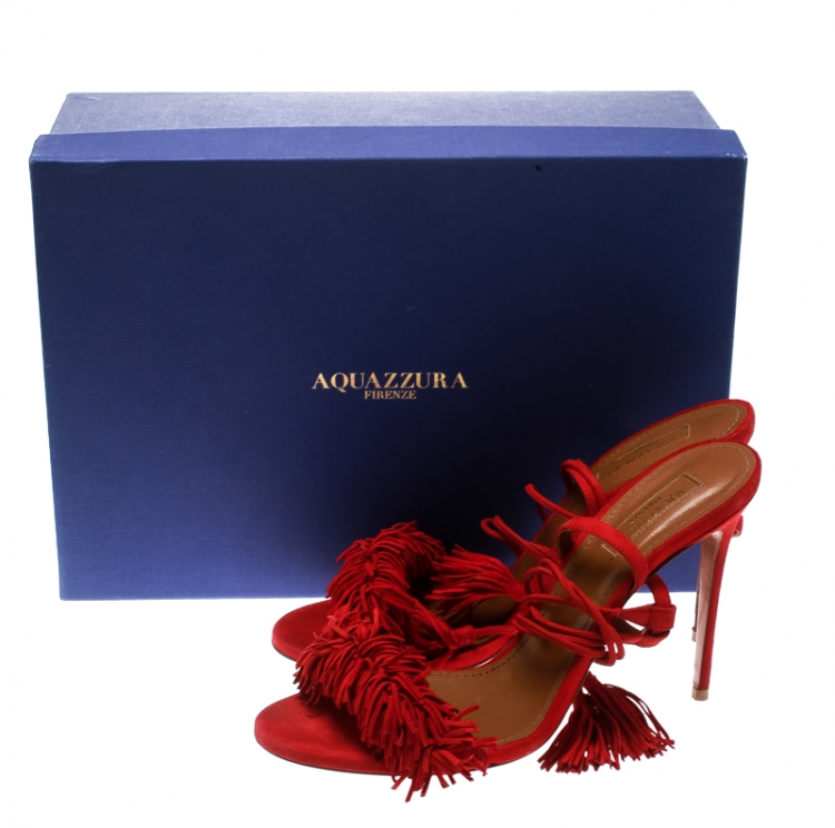 Pre Owned Aquazzura Red Fringed Suede Wild Thing Ankle Wrap Sandals Size 38.5