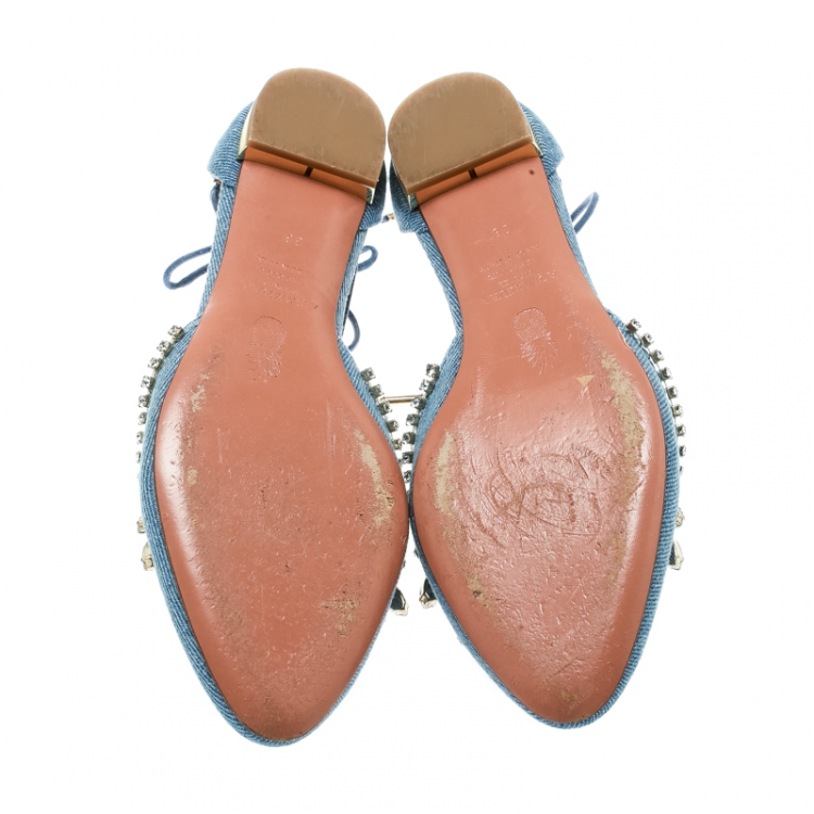 Pre Owned Aquazzura Blue Light Wash Denim Alexa Crystal Embellished Ankle Tie D'orsay Flats Size 38