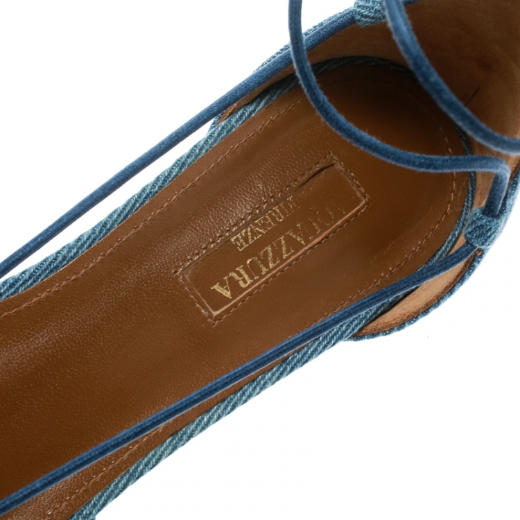 Pre Owned Aquazzura Blue Light Wash Denim Alexa Crystal Embellished Ankle Tie D'orsay Flats Size 38