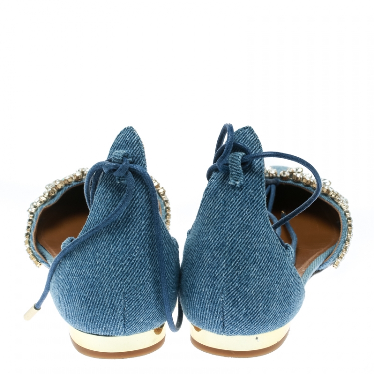 Pre Owned Aquazzura Blue Light Wash Denim Alexa Crystal Embellished Ankle Tie D'orsay Flats Size 38