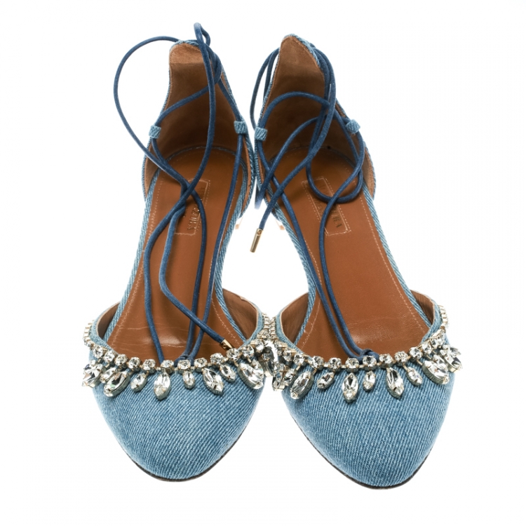 Pre Owned Aquazzura Blue Light Wash Denim Alexa Crystal Embellished Ankle Tie D'orsay Flats Size 38