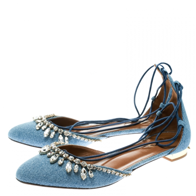 Pre Owned Aquazzura Blue Light Wash Denim Alexa Crystal Embellished Ankle Tie D'orsay Flats Size 38