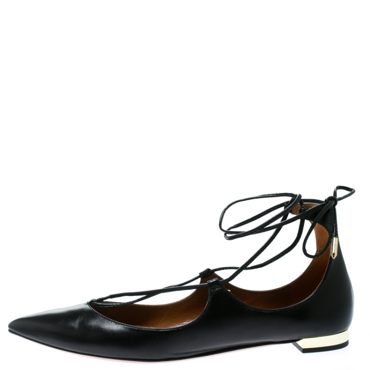 Pre Owned Aquazzura Black Leather Christy Lace Up Pointed Toe Flats Size 38